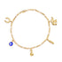 Introducing the Women Mega Lucky Charms Bracelet, crafted in 14k gold-filled material to radiate positive energy. This exquisite piece is embellished with five amulets, including a horseshoe, elephant, blue evil eye, money bag, and figa hand. It is elegantly secured with a lobster clasp closure for added sophistication.